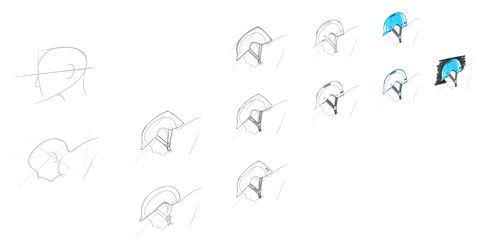 Industrial designers sketches depicting the design development process for a bike helmet executed in the Forge app