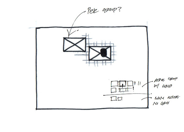 Brainstorming sketch of rectangles snapping to points on other rectangles