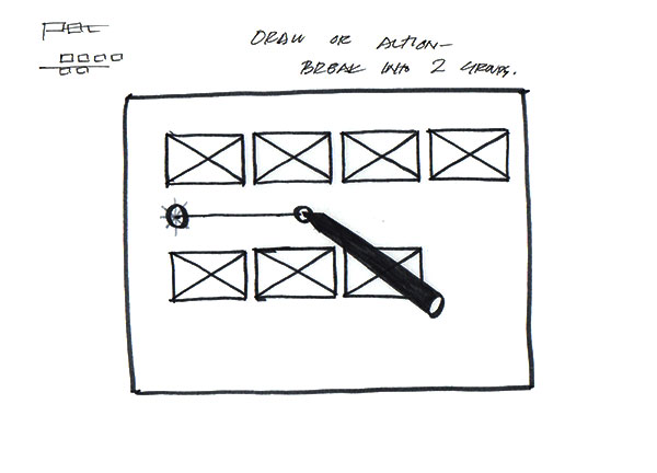Brainstorming sketch of stylus used to draw dividing line between groups of rectangles