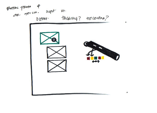 Brainstorming sketch of stylus buttons being used to color code rectangles