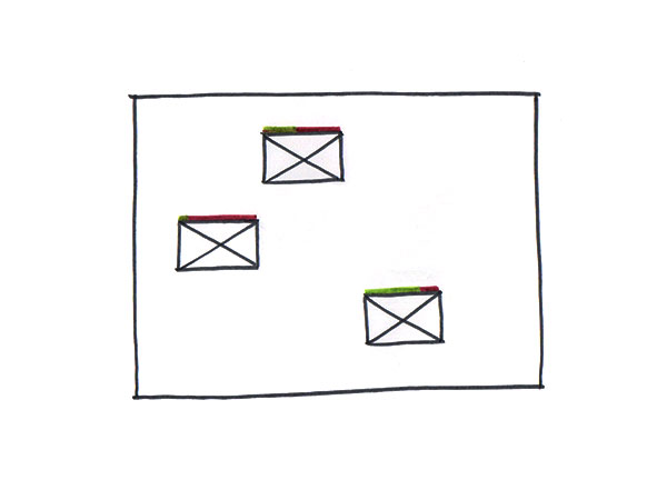 Brainstorming sketch of green and red progress or voting bars above each rectangle