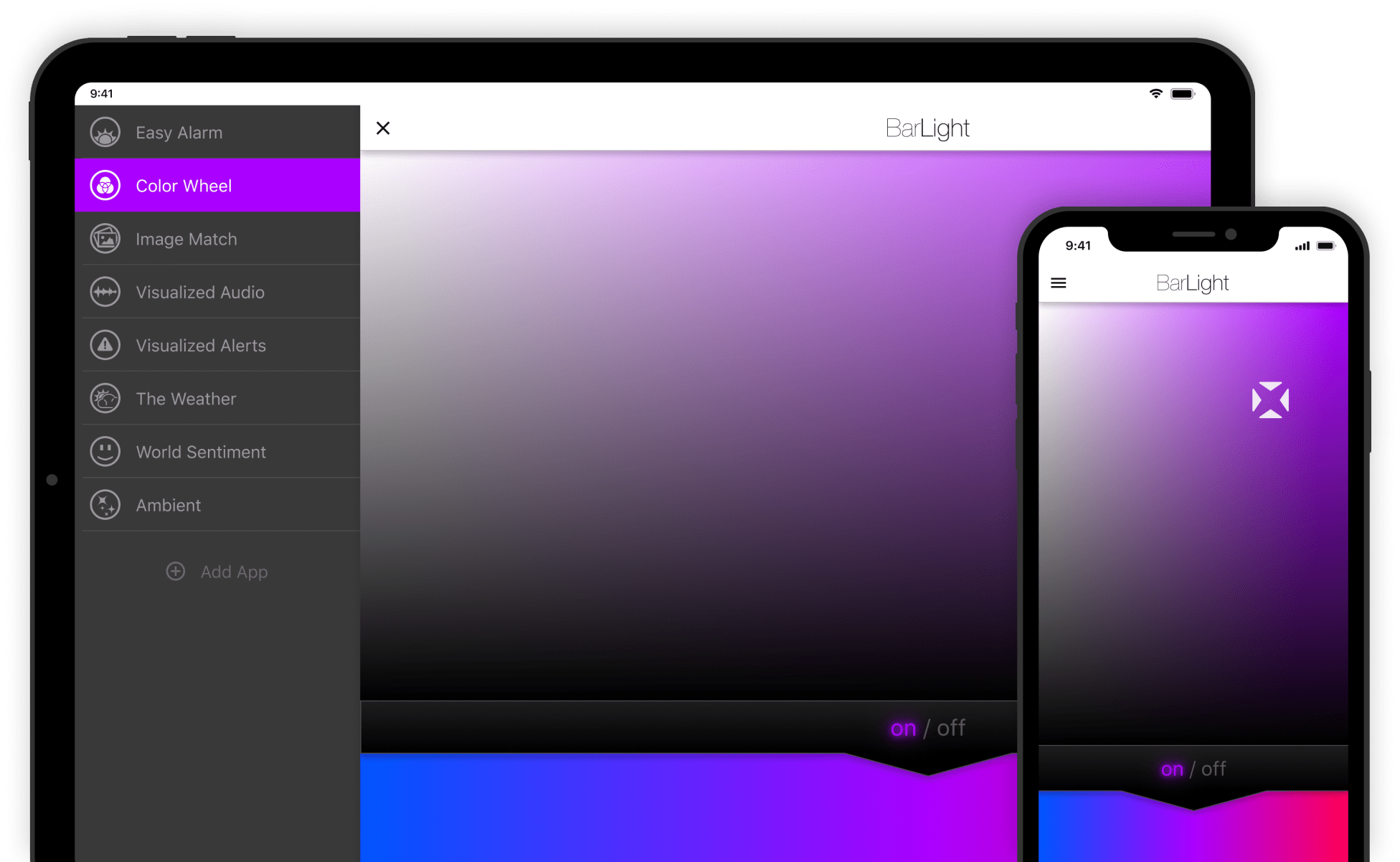 iPhone and iPad app with purple selected on a HSB color picker to control the output color of the BarLight
