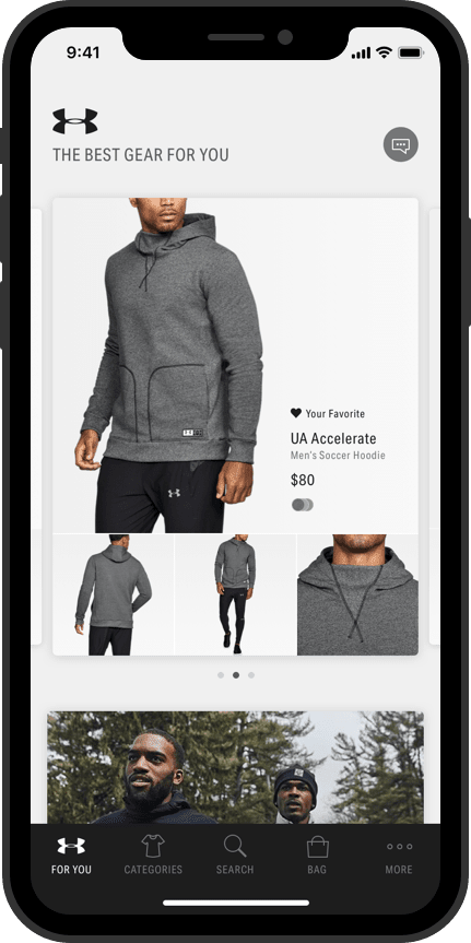 Under Armour app mockup of the For You feed displaying personalized product recommendations