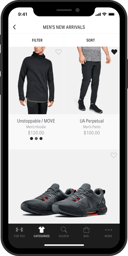 Under Armour app mockup of a product grid utilizing a pattern with variable product image sizes
