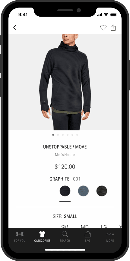 Under Armour app mockup of a minimalist product detail page