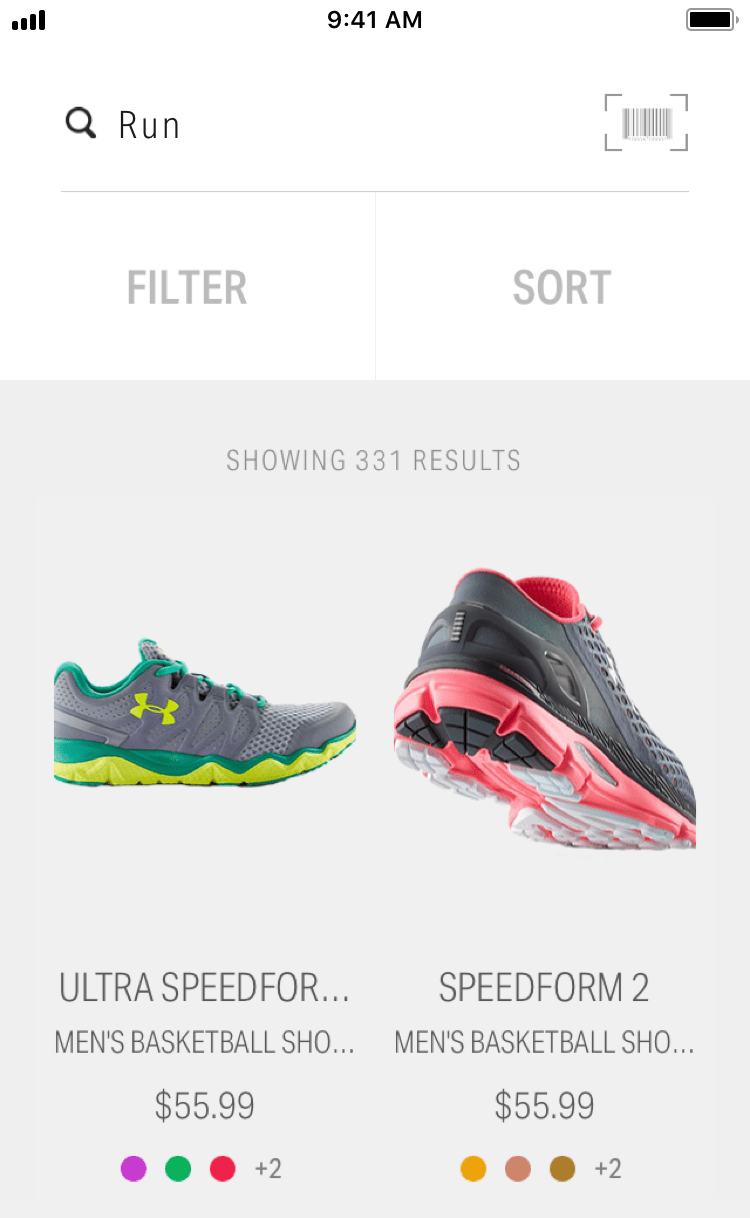 The Under Armour apps search results page from 2015 with large bulky UI elements