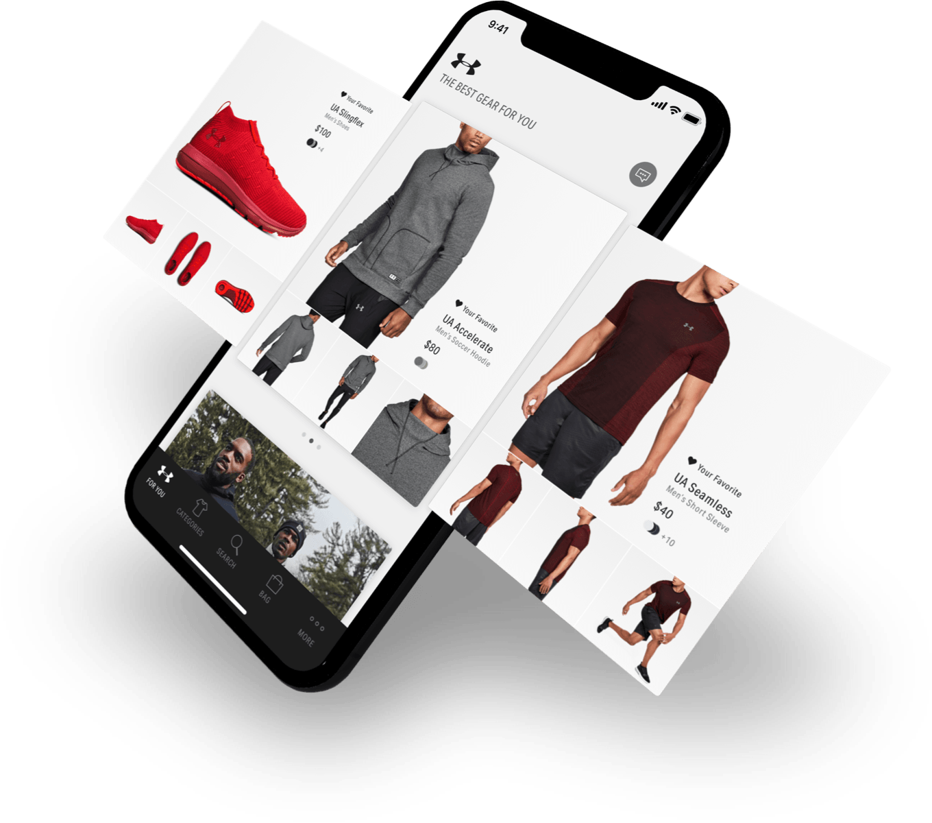 Floating iPhone mockup of the Under Armour shopping app displaying a users favorited products in a personalized content feed